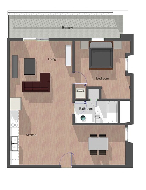 Floor plan for 1 bed, 1 bath, 848 sqft